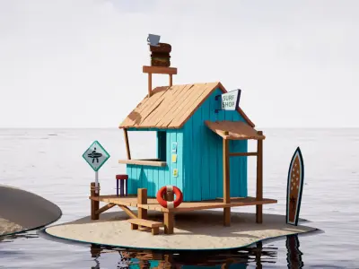 Beach House and Hut Low-poly 3D model