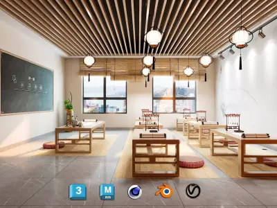 Traditional School Classroom Japanese Style  Low-poly 3D model