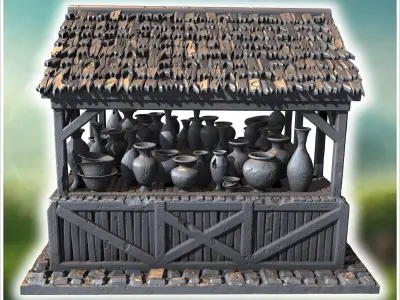 Covered wooden stall with shelves displaying various ceramic pot 3D print model