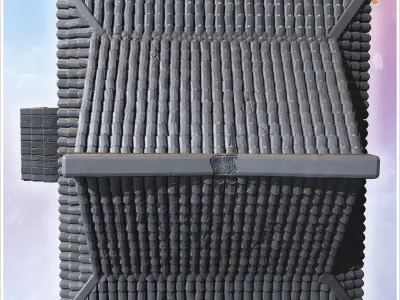 Single-story house with tiled roof wooden railings and decorativ 3D print model