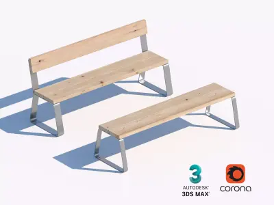 Minimalist Wood and Metal Bench Set for Public Spaces 3D model