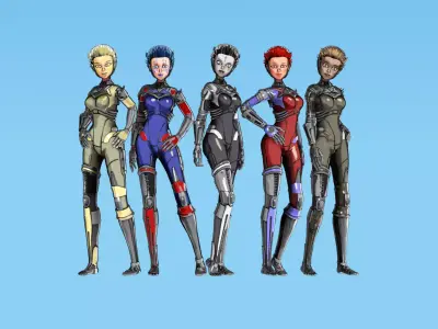 Asymmetric Robotic Characters Cyborg Girl Pack Low-poly 3D model