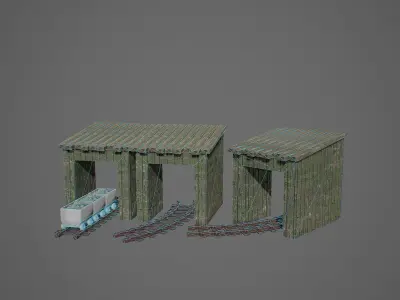 Mine 1 train station with two wooden sheds Low-poly 3D model