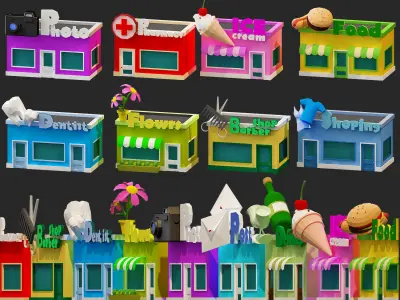 low poly cartoon buildings 3d model pack Low-poly 3D model