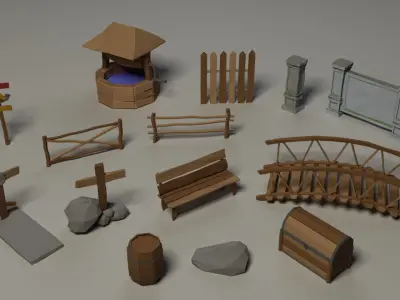 Rustic set Low-poly trees and plants Low-poly 3D model