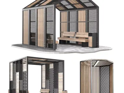 Set of pergolas and gazebos with benches 3D model
