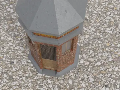 LOW POLY TOWER brick in middle of field Low-poly 3D model