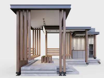 Gazebo with summer kitchen and multi-level roof 3D model