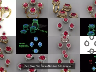 Gold Silver Ring Earring Necklace Set 3D Model Pack