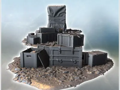 Crates and wrapped supplies grouped on rubble-strewn ground some 3D print model