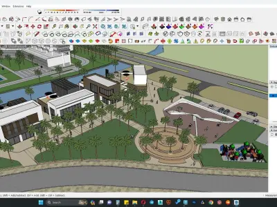 Highrise apartment building along outdoor sitting area 3D model