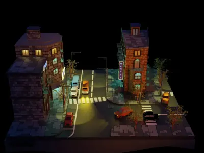 Cartoon city night street low poly PBR Low-poly 3D model