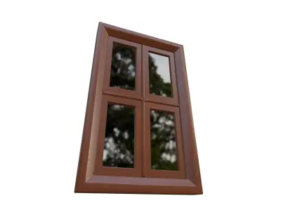 Brown Wooden Window with Four Glass Panes Low-poly 3D model