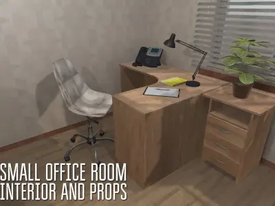 Small office room - interior and props Low-poly 3D model