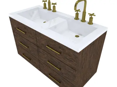 Vanity bathroom with two sinks and brass faucets 3D model
