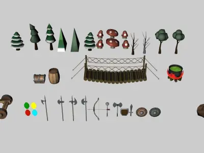 Medieval Low Poly Game Pack Buildings Weapons Low-poly 3D model