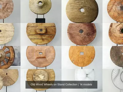 Old Wood Wheels on Stand Collection 3D Model Pack