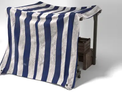 Medieval Market Stall Tent Blue and White 3D Model with Crates Low-poly 3D model