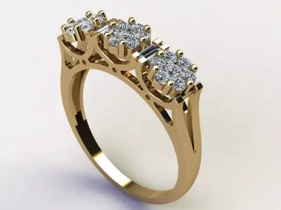 Three Stone Floral Cluster Diamond Ring with Baguette Accents 3D print model