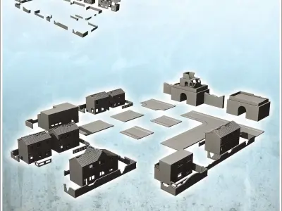 Set of ruined buildings of Hue with temple walls and roads Vietn 3D print model
