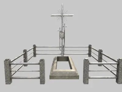 Fenced Grave With Silver Cross Low-poly 3D model