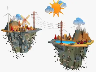 Floating Industrial Islands Low Poly 3D model