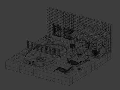 Garden swimming pool with lounge chairs and umbrella Low-poly 3D model