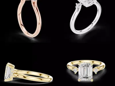 Emerald Cut Three Stone Engagement Ring CAD Model STL Ready 3D print model