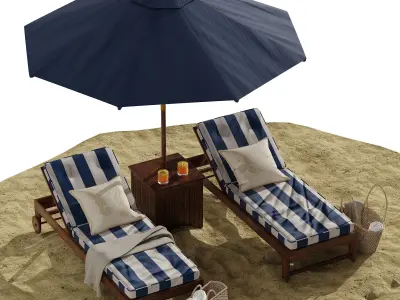 Beach umbrella and chaise longue set 7 3D model