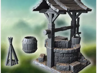 Wooden well with detailed roof bucket and surrounding barrels cr 3D print model