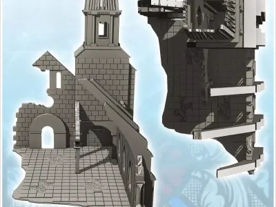 Ruined church with door and damaged bell tower 22 - Modern WW2 W 3D print model