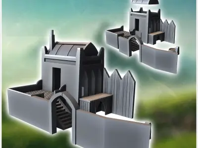 Medieval building with low wall with door and wooden palisade 8  3D print model