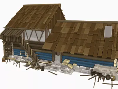 Low Poly 3D Medieval House with Interior Props Optimized Games   Low-poly 3D model