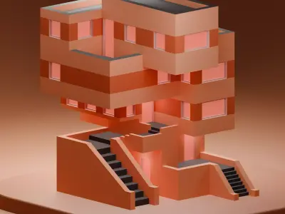 Isometric Low Poly Brutalist House Low-poly 3D model