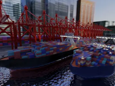Realistic Port Terminal with cargo-container 3D model