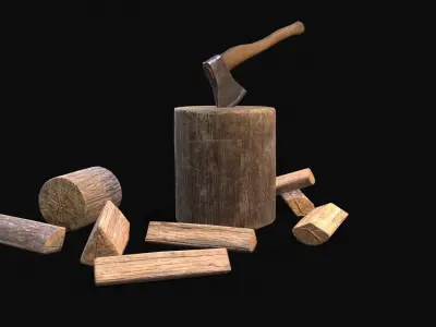 Axe stand and wood logs Low-poly 3D model