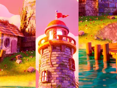 Stylized Lighthouse Scape With House 3D model