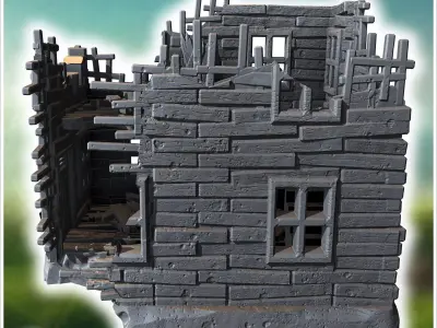 Collapsed wooden building with exposed structure broken floors a 3D print model