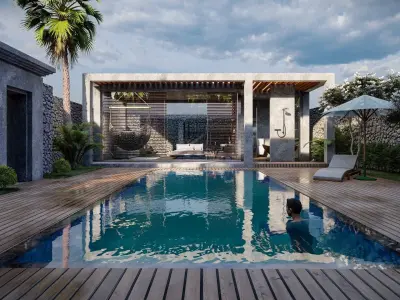 Exterior and Interior House with open water pool in courtyard 3D model