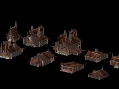 Wooden low-poly houses collection Low-poly 3D model