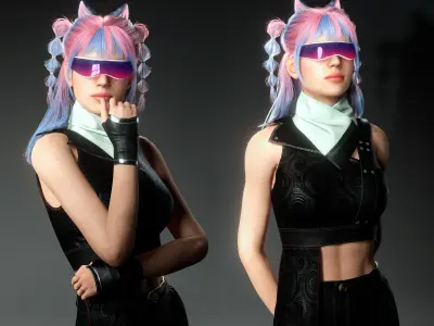 Lunara Neon Punk Female Character with Stylized Hair Low-poly 3D model