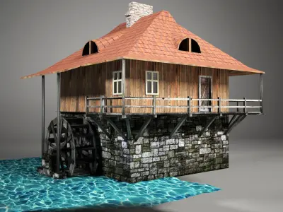 Water mill Low-poly 3D model