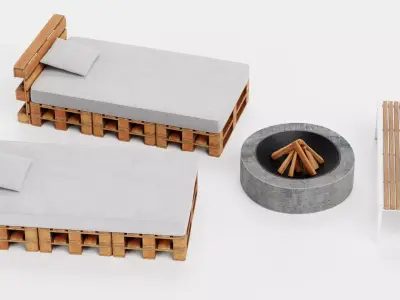 Garden Setup V6 - Pallet Loungers with Bench and Fire Pit 3D model