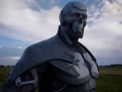 Cyborg futuristic man in field Low-poly 3D model