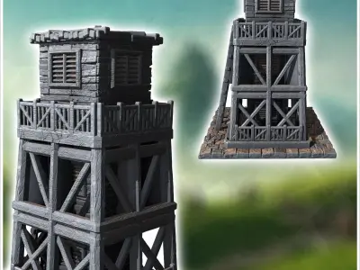 Tall wooden watchtower with ladder access weathered planks and a 3D print model