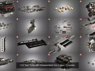 V12 Twin Turbo with Disassembled Car Engine 3D Model Pack