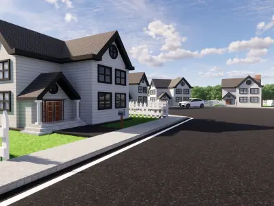 3D Neighborhood Model 3 street with houses and picket fence 3D model