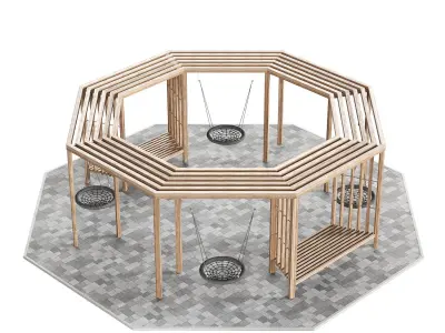 Set of pergolas gazebos canopies with swings benches 3D model