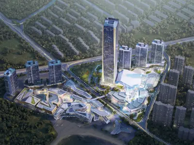 Futuristic Open Air Retail Plaza Night Exterior 3D model