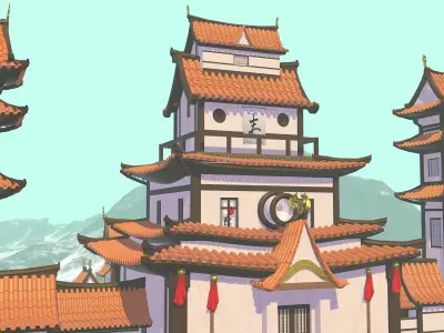 Japanese Anime castle low-poly 3d model unity package VR AR Low-poly 3D model